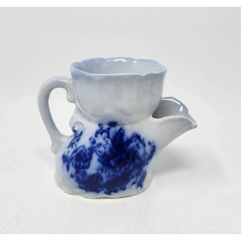 Antique Ceramic Scuttle Shaving Mug Blue Floral Victorian Male Vanity Decor 4